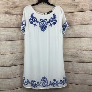 Lulu's White and Blue Embroidered Shift Dress